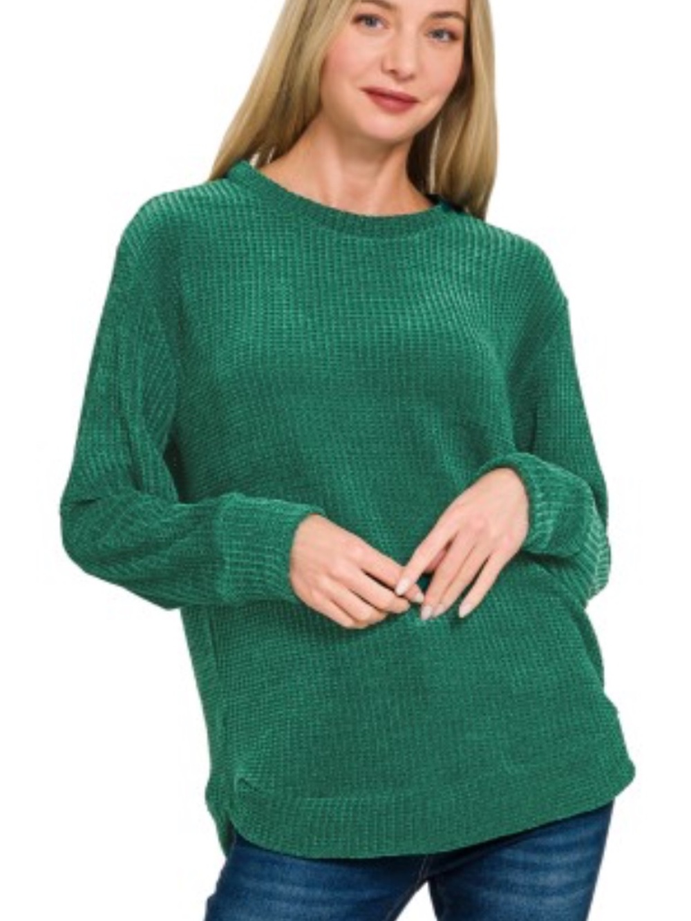 987. GREEN WOMEN'S Chenille Waffle Round Neck Sweater